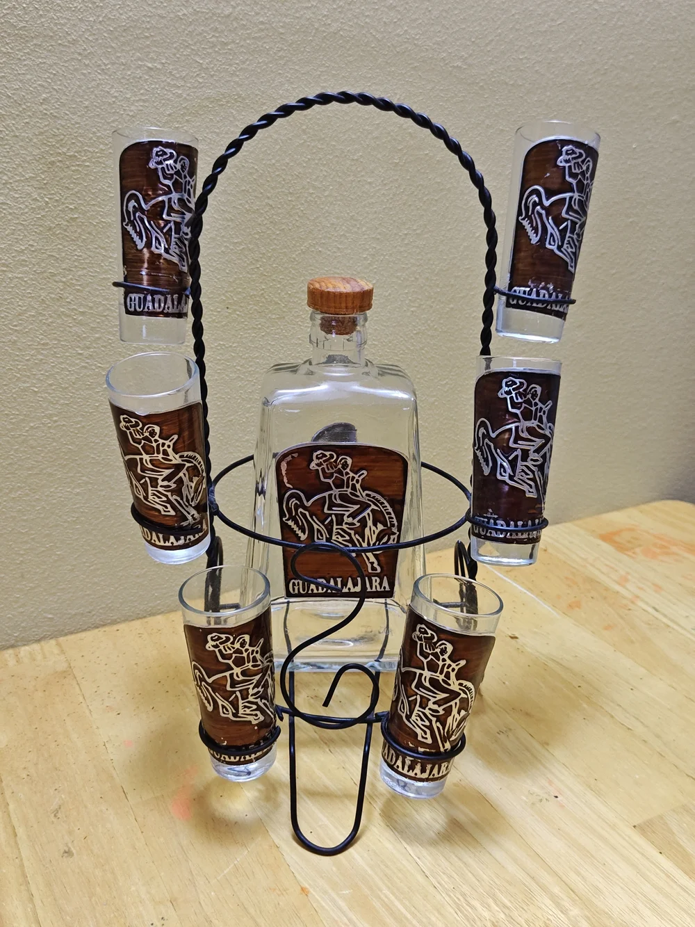 Vintage Guadalajara Tequila Decanter Set with 6 Shot Glasses Wrought Iron Stand
